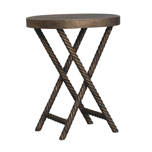 Bronze finished metallic rope side table with textured circular top and crossed legs perfect for luxury furniture for modern homes