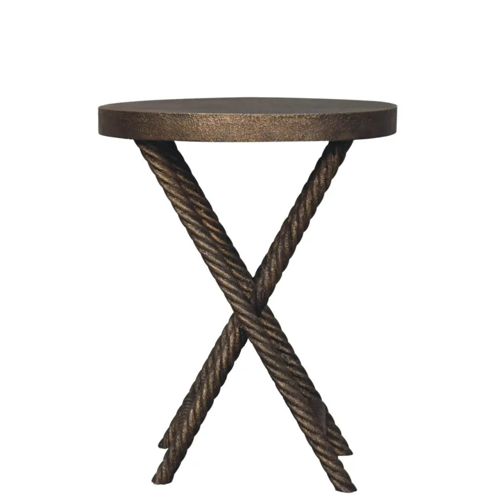 Bronze finished metallic rope side table with circular top and crossed x shaped legs perfect for luxury furniture in modern homes