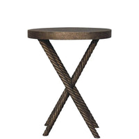 Bronze finished metallic rope side table with circular top and crossed x shaped legs perfect for luxury furniture in modern homes