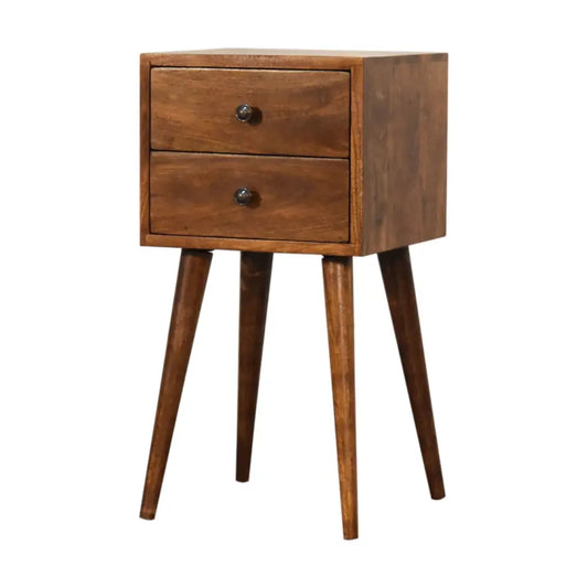 Rustic mini 2 drawer chestnut bedside with tapered legs and wooden finish for cozy bedroom storage