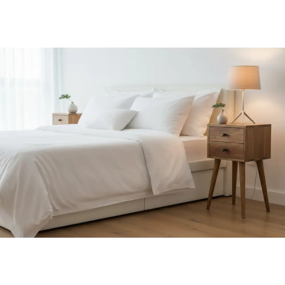 Minimalist oak bedside table with two drawers and tripod legs features two functional storage drawers in opulent furniture style