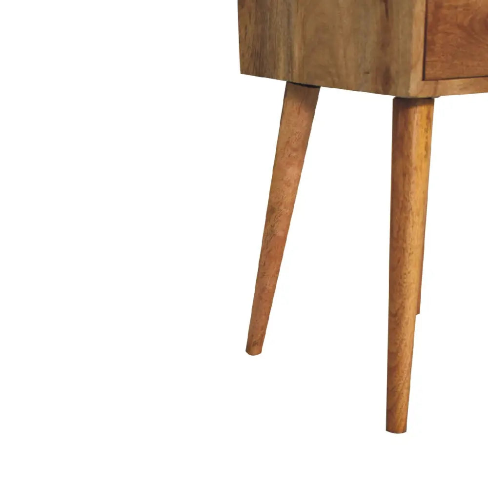 Rustic oak-ish bedside table with tapered legs features two drawers for opulent furniture style and storage