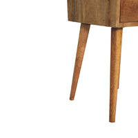 Rustic oak-ish bedside table with tapered legs features two drawers for opulent furniture style and storage