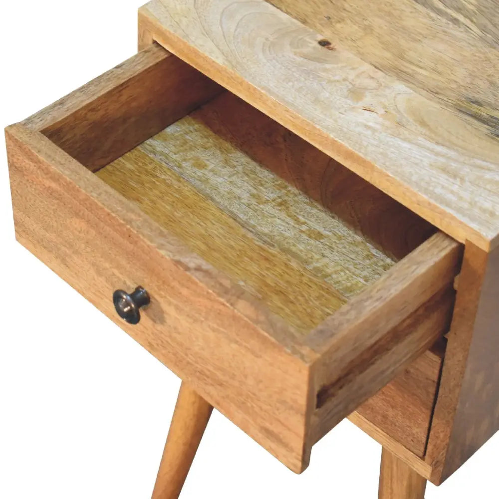 Light brown wooden bedside table with tapered legs and single drawer features opulent furniture style