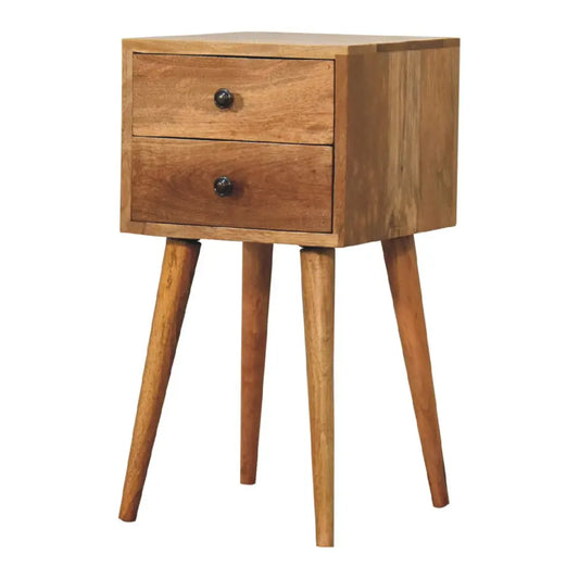 Minimalist bedside table with two drawers in warm oak wood finish featuring tapered legs for opulent furniture style