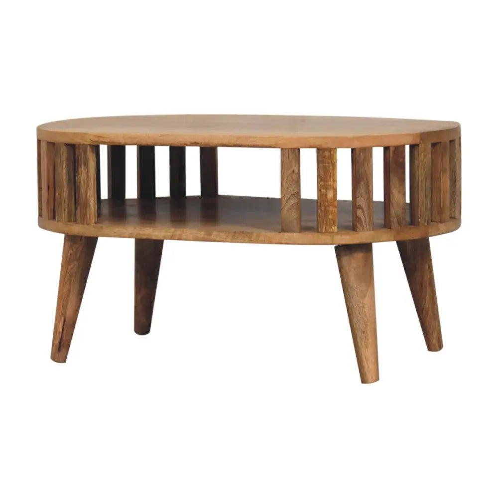 Mini ariella coffee table with a rustic light brown wood finish, vertical slats, and four tapered legs