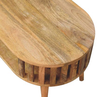 Rustic mini ariella coffee table with natural wood finish and vertical slat detailing on lower shelf