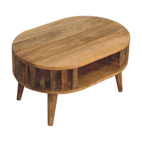 Rustic mini ariella coffee table with natural wood finish vertical slats and tapered legs in oval shape