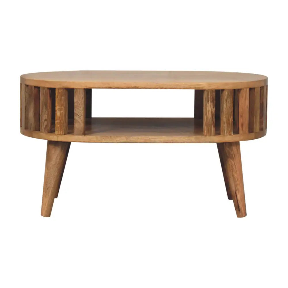 Mini ariella coffee table with rustic light wood finish featuring vertical slats and tapered legs for stylish living rooms