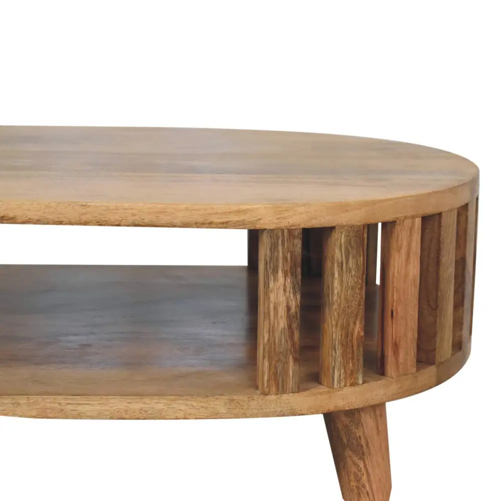 Mini ariella coffee table light brown wood with round top and vertical slats on lower shelf for stylish living rooms