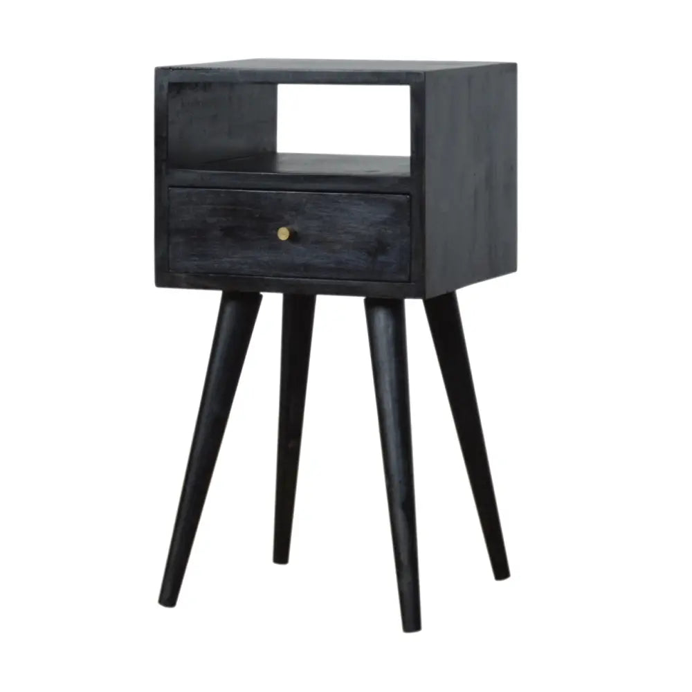 Black wooden mini ash black bedside with single drawer open shelf and tapered legs for bedside storage