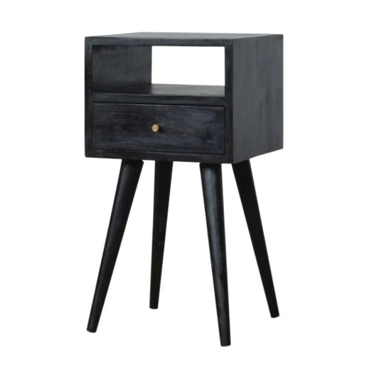 Black wooden mini ash black bedside with single drawer open shelf and tapered legs for bedside storage