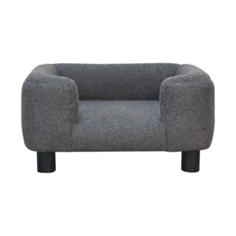 Gray textured fabric mini battleship tweed sofa bed with black cylindrical legs perfect as a pet sofa bed