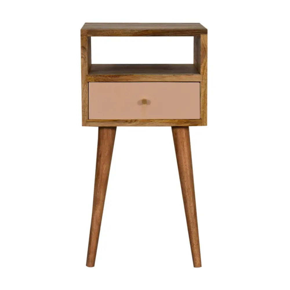 Mini blush hand painted bedside nightstand with natural wood frame blush pink drawer and tapered legs