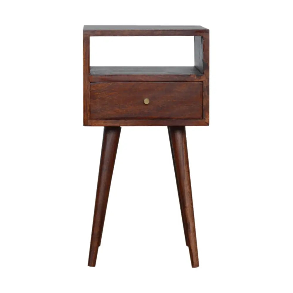 Dark brown wooden mini cherry bedside with single drawer and tapered legs perfect for small bedrooms