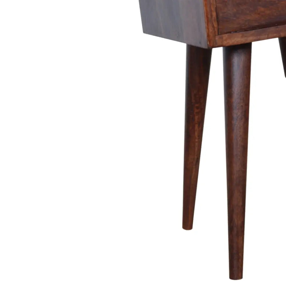 Dark brown wooden mini cherry bedside with tapered legs and a single drawer for compact bedside storage
