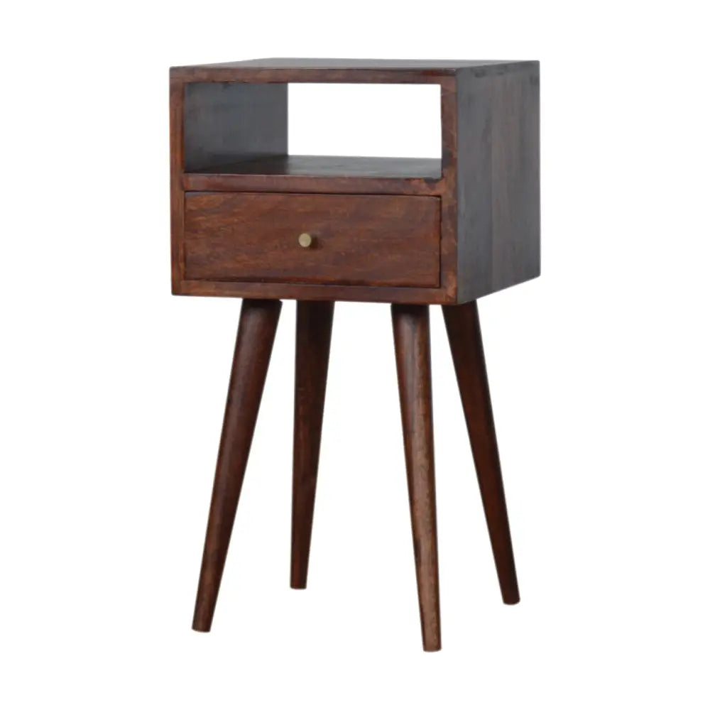 Dark brown wooden mini cherry bedside with single drawer and angled legs perfect for compact spaces