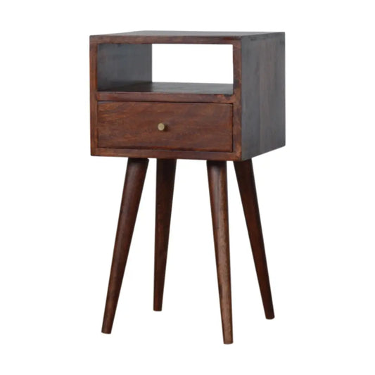 Dark brown wooden mini cherry bedside with single drawer and angled legs perfect for compact spaces