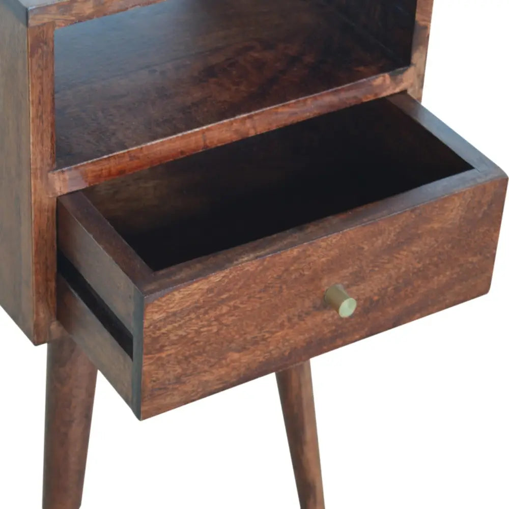 Dark brown wooden mini cherry bedside with single drawer, open shelf, tapered legs, and brass knob