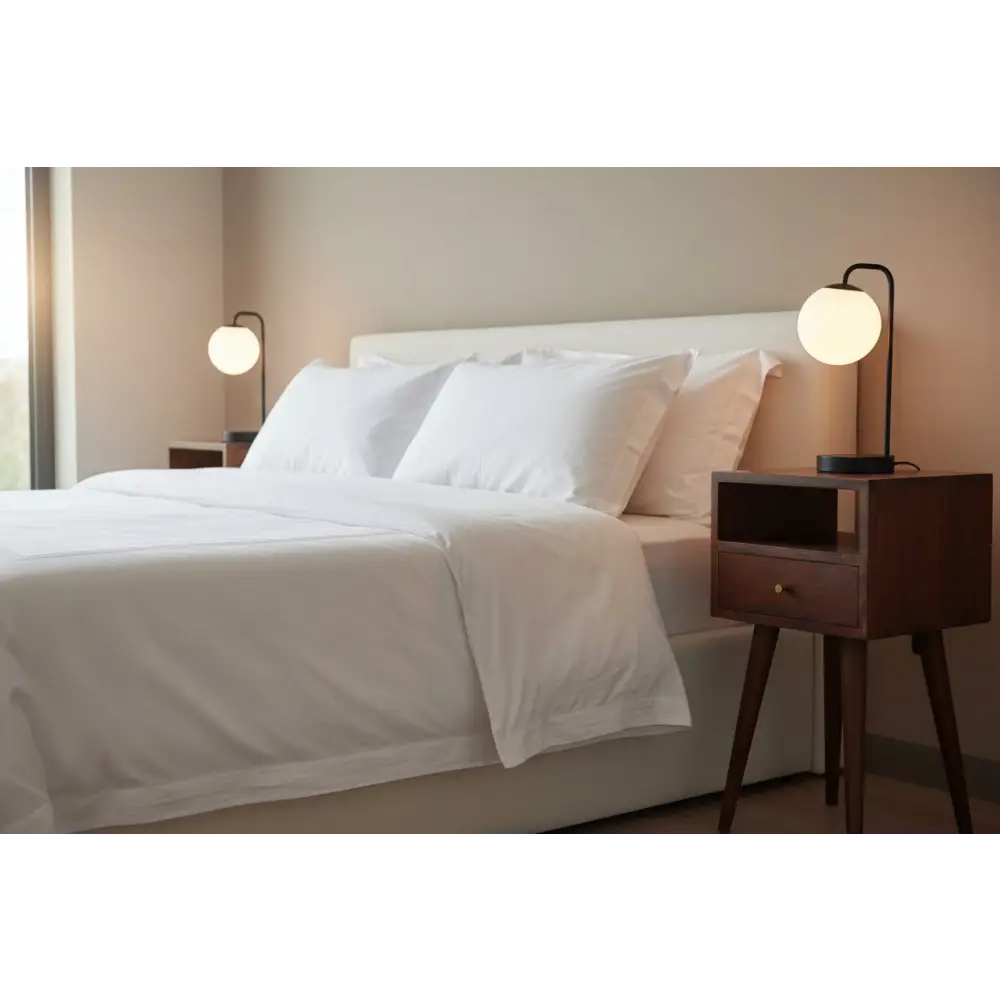 White bed with crisp linens and pillows next to a mini cherry bedside for cozy bedroom style