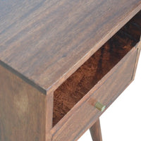 Dark brown wooden mini cherry bedside nightstand with single drawer and brass handle for small spaces