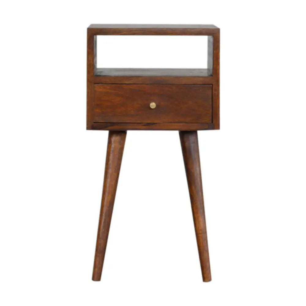 Mini chestnut bedside wooden nightstand with single drawer open shelf tapered legs warm brown finish