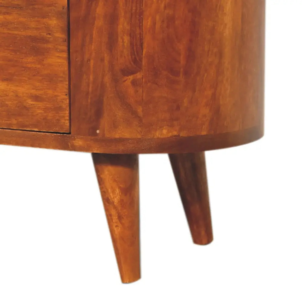 Warm-toned wooden mini chestnut cabinet with curved design and tapered legs side table style