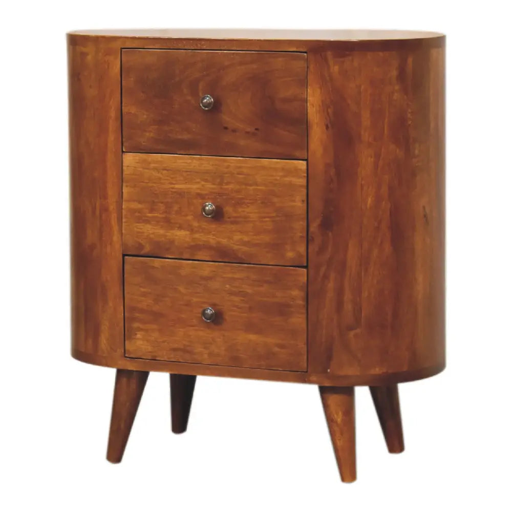 A sleek curved wooden mini chestnut cabinet with three drawers and tapered legs perfect for bedroom storage