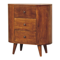 A sleek curved wooden mini chestnut cabinet with three drawers and tapered legs perfect for bedroom storage