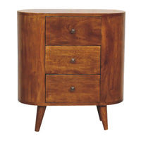 Warm-toned wooden mini chestnut cabinet with three drawers and tapered legs perfect as a nightstand or storage piece