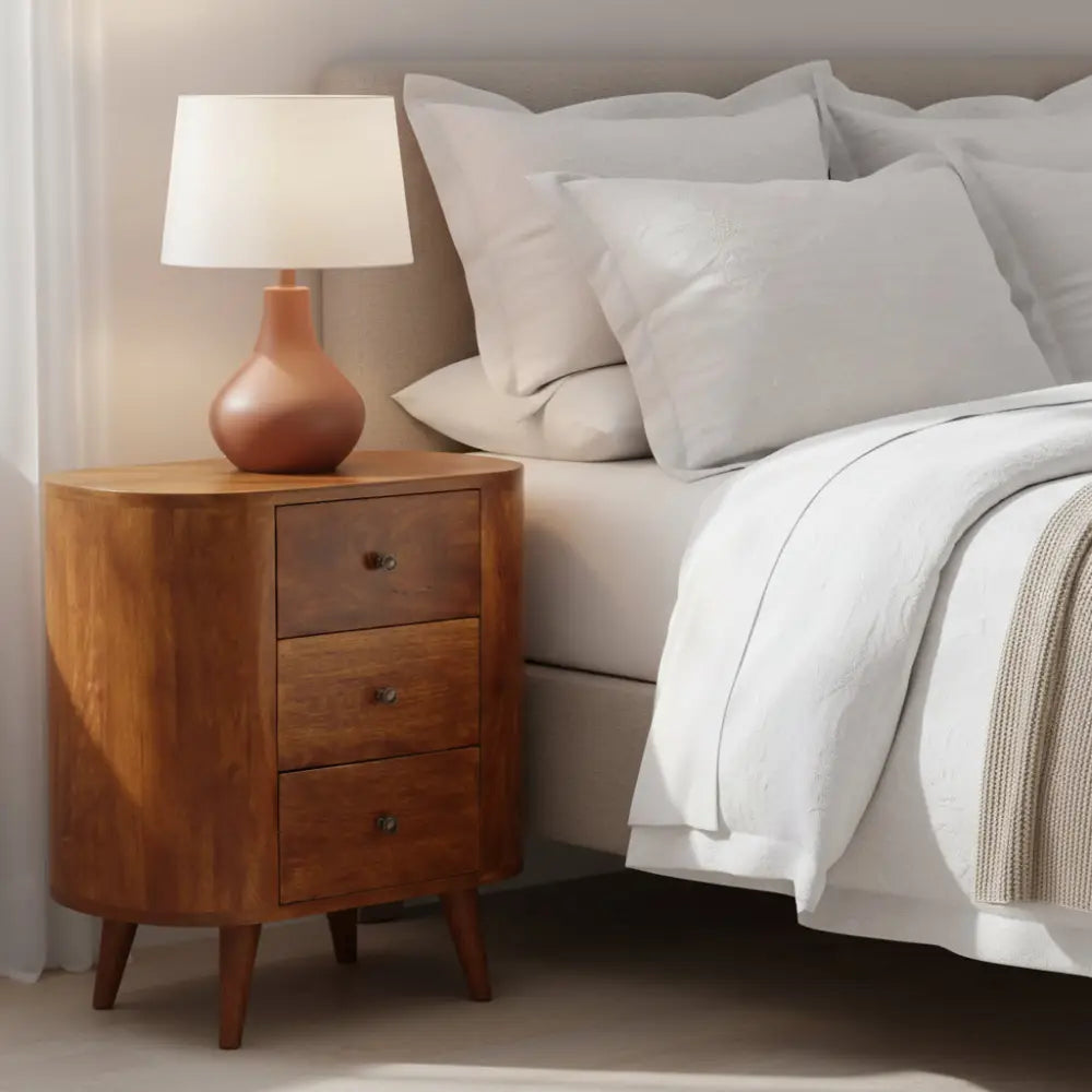 Warm-toned wooden mini chestnut cabinet with three drawers and tapered legs perfect for bedside storage