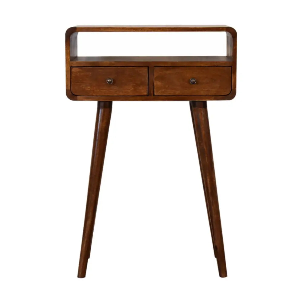 Mid-century modern mini chestnut console table with two drawers and tapered legs in warm wooden finish