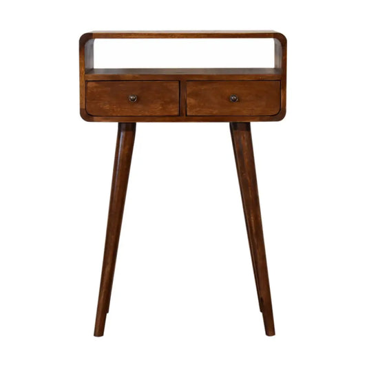 Mid-century modern mini chestnut console table with two drawers and tapered legs in warm wooden finish