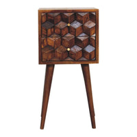 Mini chestnut cube 2 drawer bedside with minimalist wooden design geometric patterned front and tapered legs