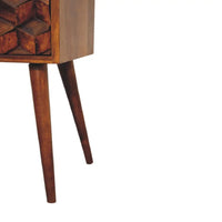 A mini chestnut cube 2 drawer bedside with tapered legs and geometric wooden drawer fronts in mid-century modern style