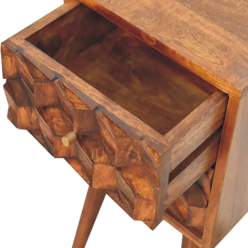 Rustic wooden mini chestnut cube nightstand with geometric faceted drawer and tapered legs for bedside use