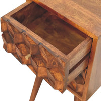 Rustic wooden mini chestnut cube nightstand with geometric faceted drawer and tapered legs for bedside use