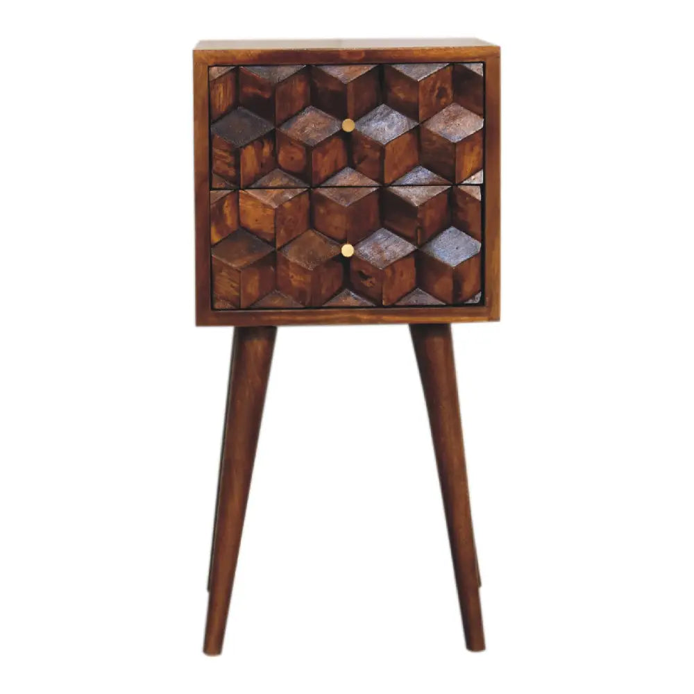 A rustic wooden mini chestnut cube 2 drawer bedside with geometric cube pattern and tapered legs