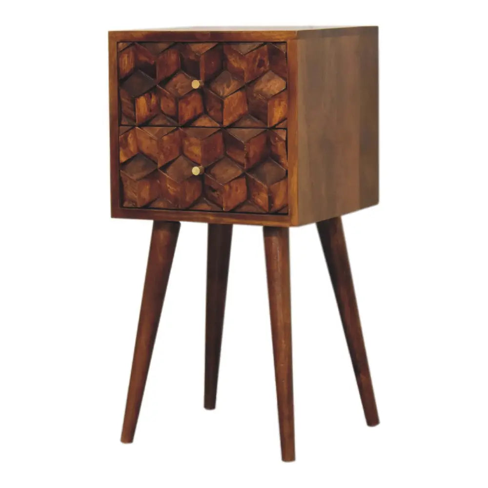 A rustic wooden mini chestnut cube bedside with two drawers and brass knobs featuring a 3d geometric pattern
