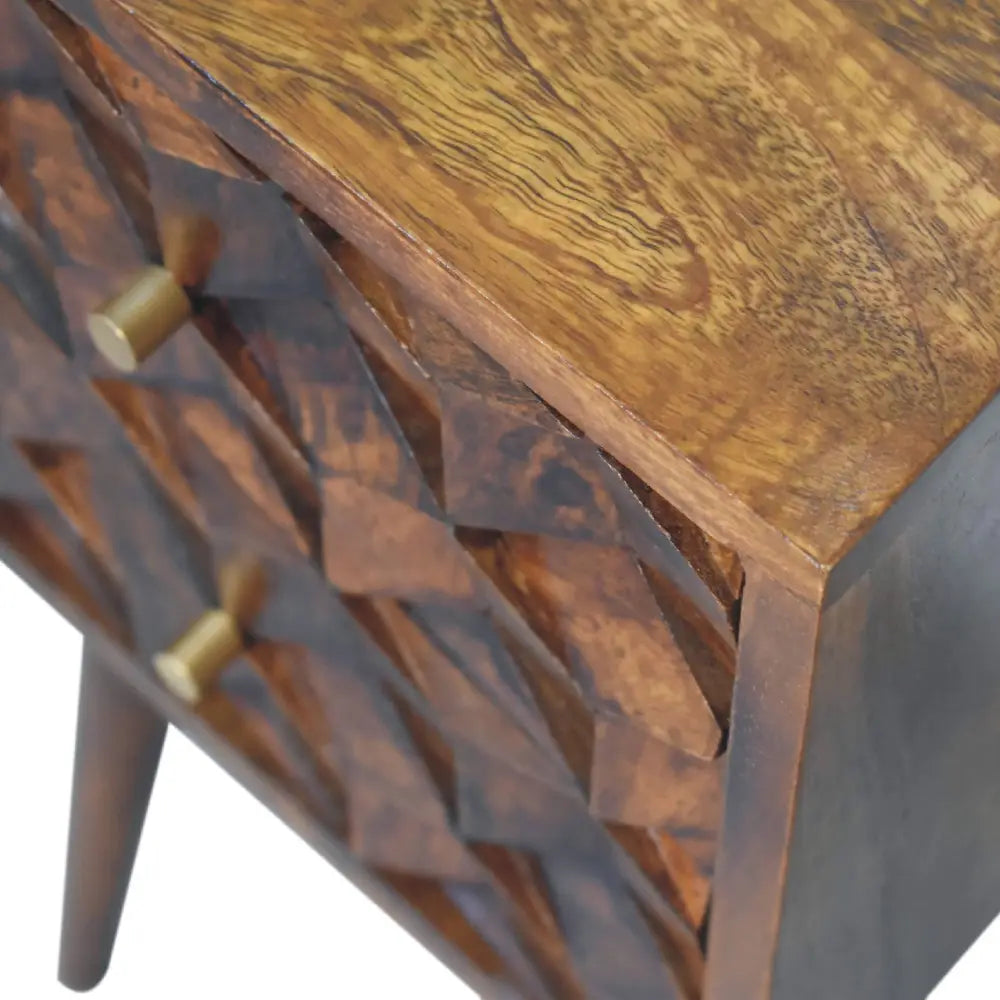 Rustic wooden mini chestnut cube 2 drawer bedside nightstand with geometric design and brass knobs