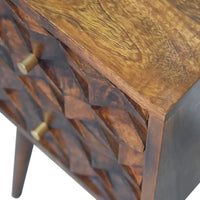 Rustic wooden mini chestnut cube 2 drawer bedside nightstand with geometric design and brass knobs