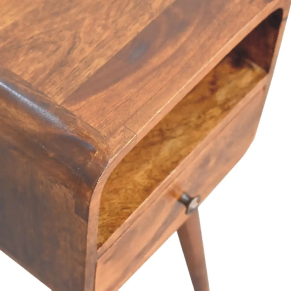 A mini chestnut curve open bedside nightstand with curved edges in rich dark brown wood finish
