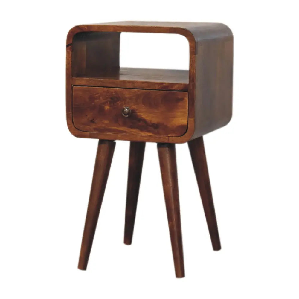 A sleek dark brown wooden mini chestnut curve nightstand with a curved top and tapered legs for bedside use