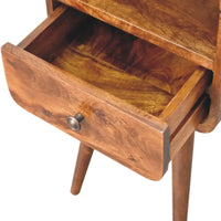 A warm medium-toned wooden mini chestnut curve nightstand with a single drawer and tapered legs
