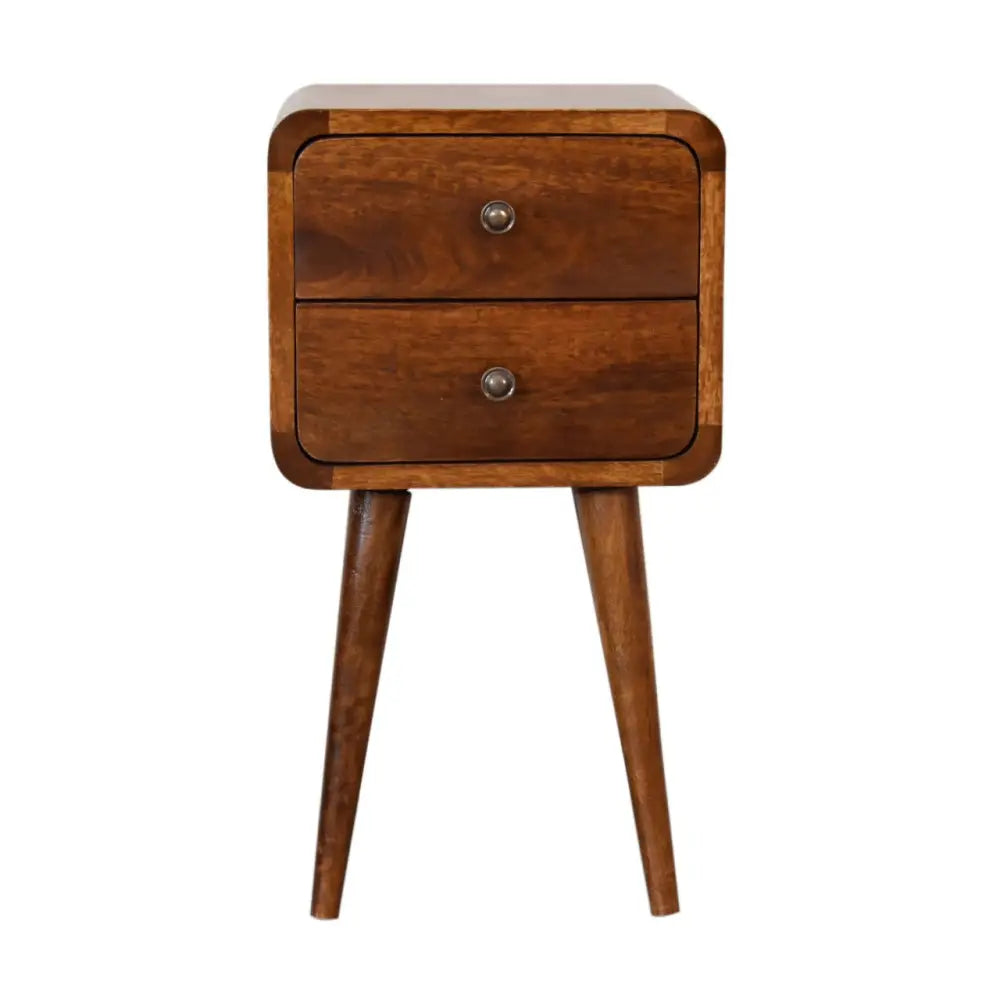 Mini chestnut curved wooden nightstand with two drawers rounded corners and tapered legs for bedside use