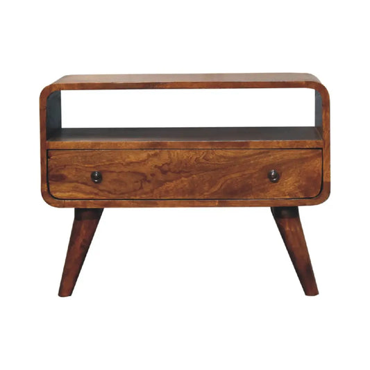 Mini chestnut curved media unit wooden nightstand with single drawer tapered legs and sleek curved edges in chestnut finish
