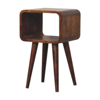 Mini chestnut curved open bedside wooden nightstand with rich brown finish and sleek tapered legs for bedside use