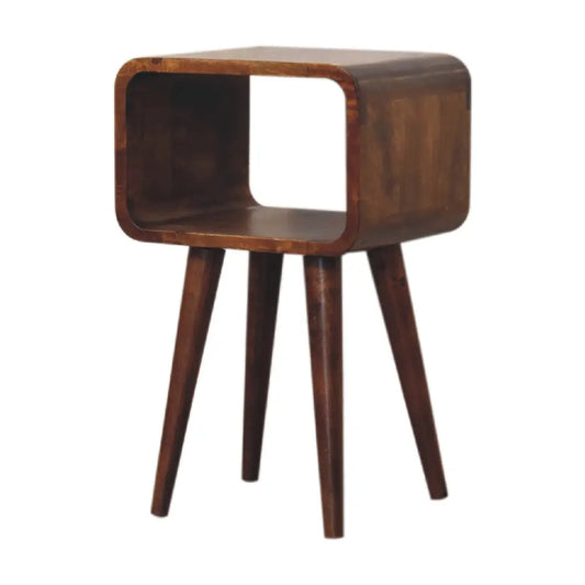 Mini chestnut curved open bedside wooden nightstand with rich brown finish and sleek tapered legs for bedside use