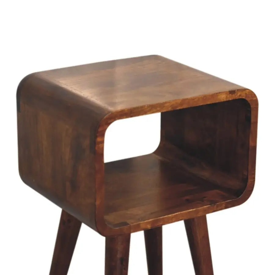 Brown wooden mini chestnut curved open bedside table with square open front and tapered legs perfect for small spaces