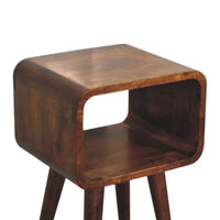 Brown wooden mini chestnut curved open bedside table with square open front and tapered legs perfect for small spaces